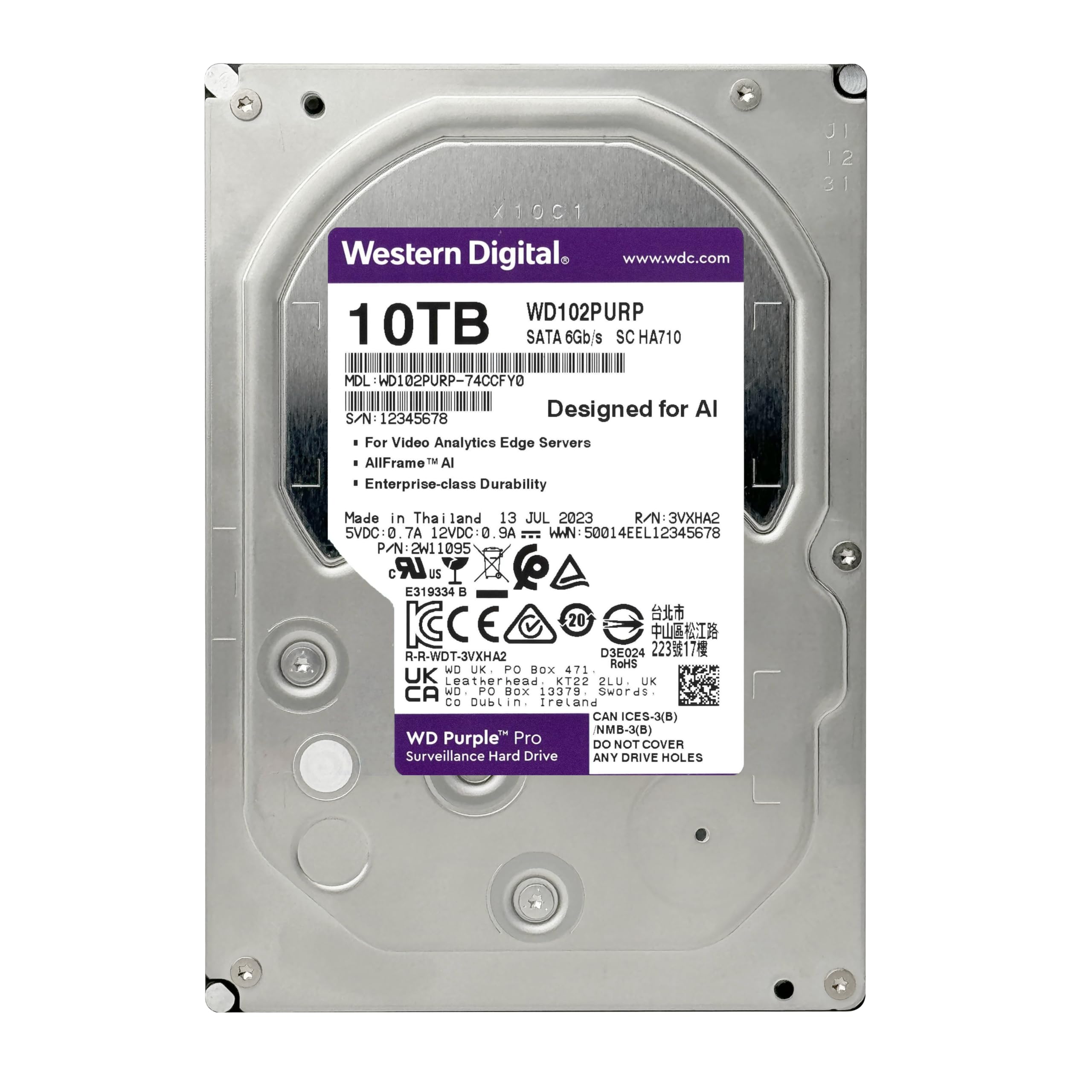 Western Digital 10TB WD Purple Pro Surveillance Internal Hard Drive HDD - SATA 6 Gb/s, 512 MB Cache, 3.5