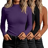 Huukeay 3 Pack Women's Ribbed Mock Turtleneck Shirts Cotton Long Sleeve Tops Lettuce Trim Slim Fit Soft Tees for Layering