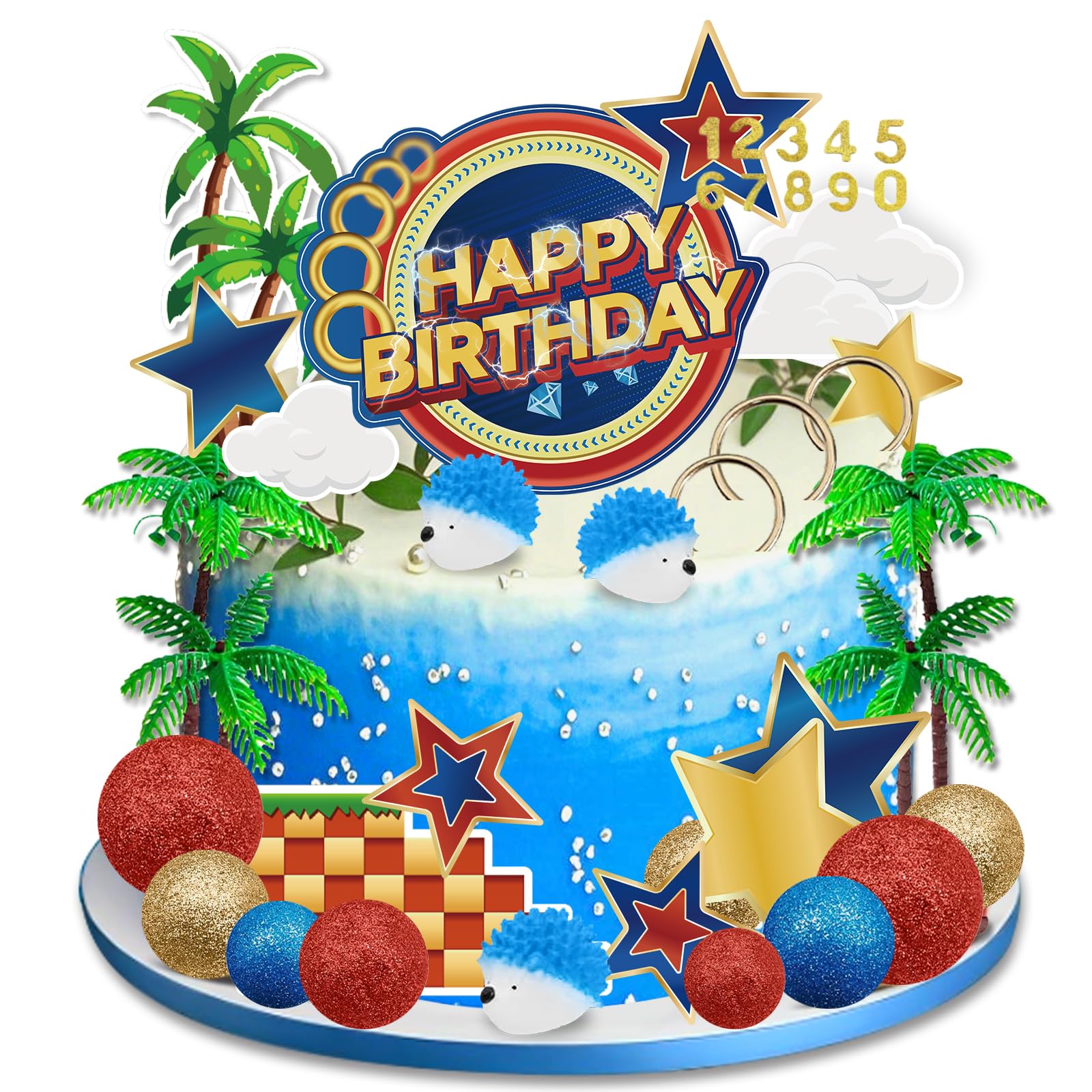 Photo 1 of 30Pcs Blue and Golden Rings Birthday Party Decorations, Cartoon Hedgehog Themed Cake Topper,Animals Forest Cupcake toppers for Kids Boys Girls Birthday Party Supplies(Number 0-9)