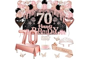70th Birthday Decorations for Women, 47pcs Black Rose Gold Black Happy 70th Birthday Banner, Tablecloth, Butterfly Decor, Sas