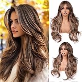 Silver Grey Layered Wavy Wigs for White Women with Bombshell Curtain Bangs Synthetic Long Salt and Pepper Hair Wigs for Women Middle Part Hair (Golden Blonde Highlight, 26inch)