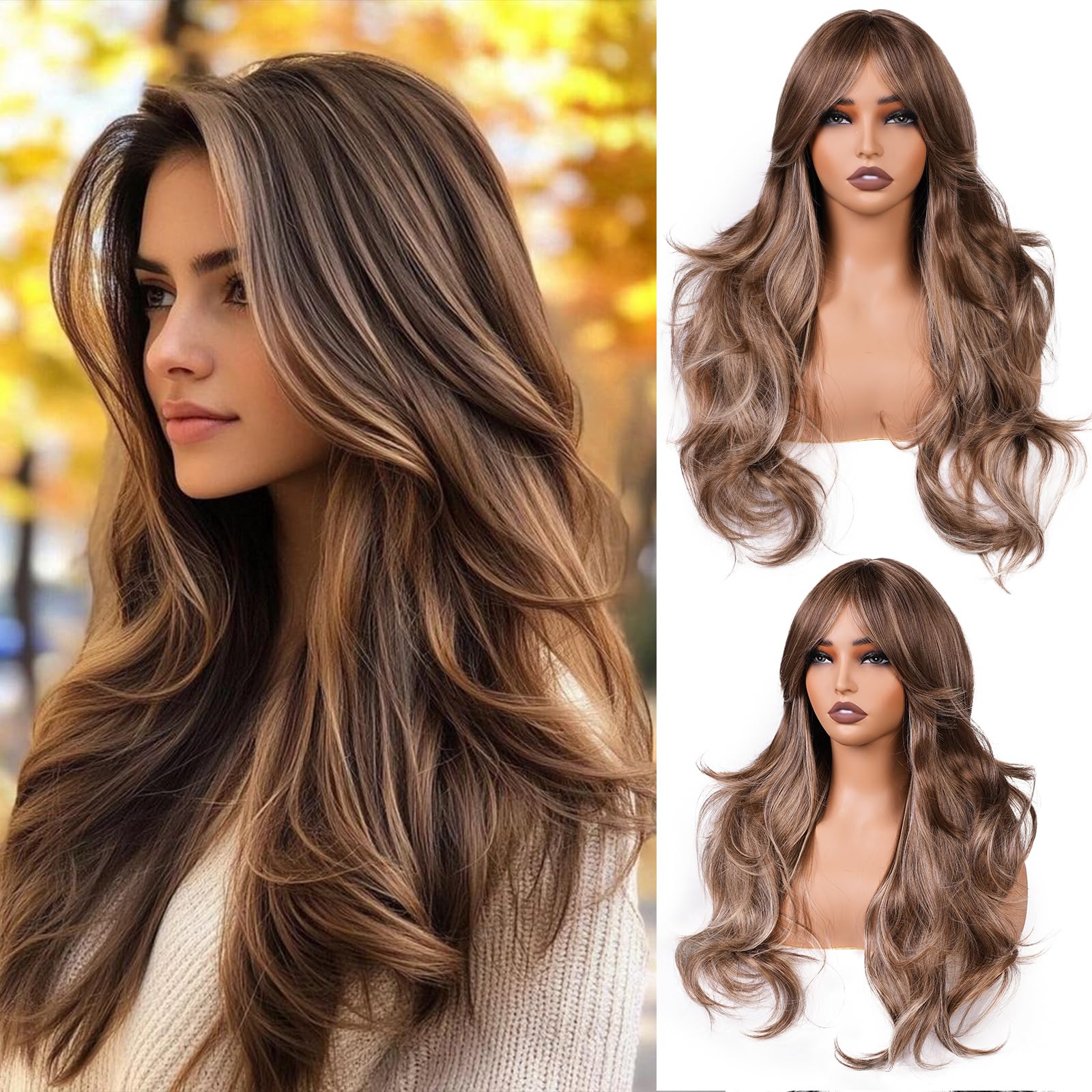 Photo 1 of Light Brown With Curtain Bangs Wigs for Women 26inch Long Brown Mixed Blonde Layered Wig with Dark Roots Middle Parting Synthetic Hair Natural Looking for Daily Party Use