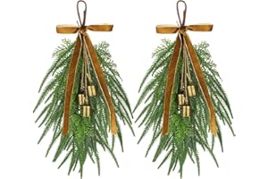 SUNCALLA 2 Pcs 19" Christmas Teardrop Swag for Front Door Artificial Norfolk Pine Teardrop Wreath Vintage Brass Bell Velvet Bow for Christmas Door Swags, Mantle, Stairway Window Xmas Home Hanging Decor