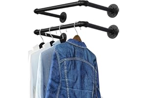 OROPY Industrial Pipe Clothes Rack 21.2” Set of 2, Heavy Duty Wall Mounted Black Iron Garment Bar, Multi-Purpose Clothing Hanging Rod for Laundry Room and Closet Storage