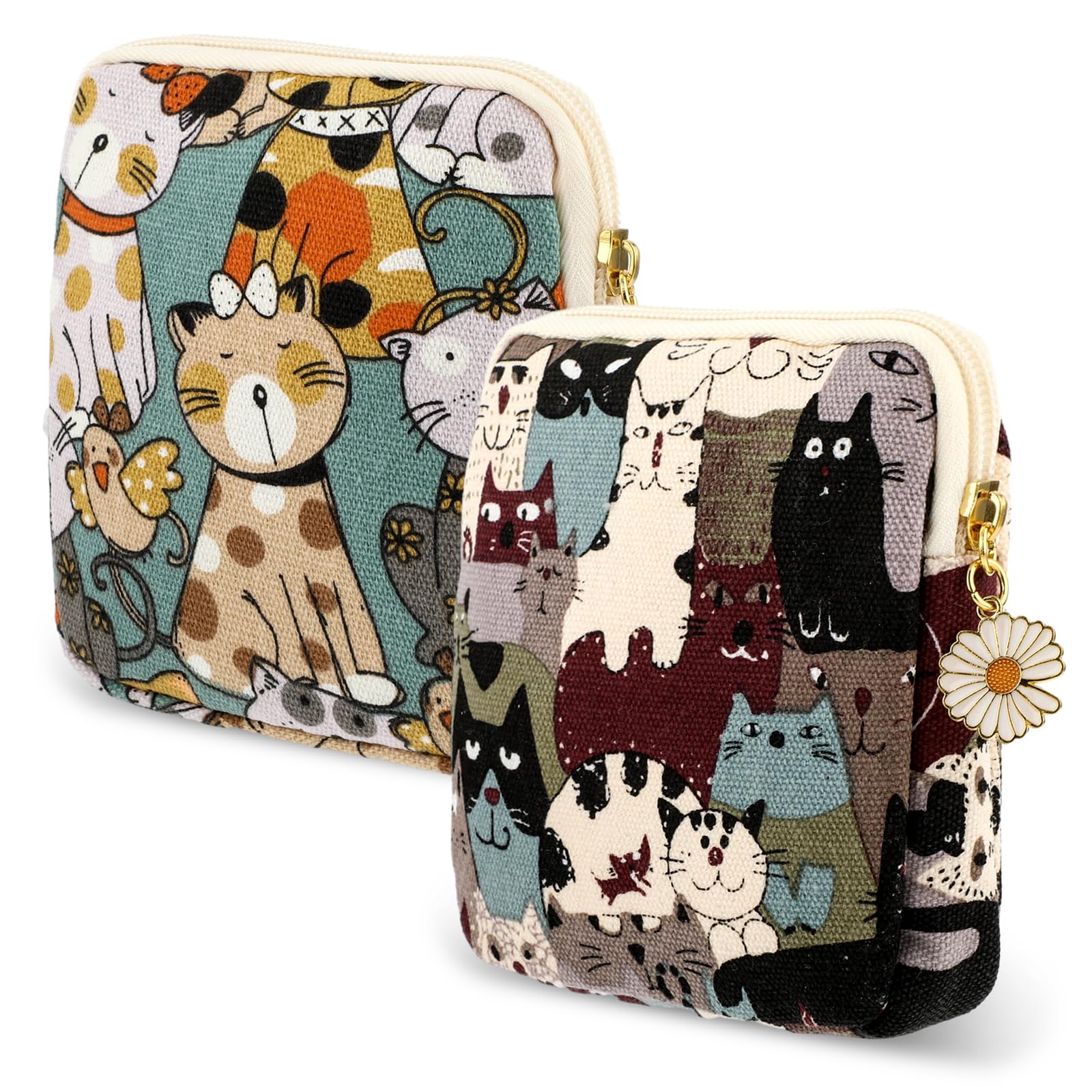 Cobee 2PCS Sanitary Pad Storage Bag, Cute Sanitary Napkin Storage Purses Portable Period Bag with Daisy Zipper Panty Liner Tampon Menstrual Cup Nursing Pad Holder Pouch for Girls Women Travel(Cat)