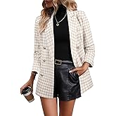 Happy Sailed Womens Plaid Tweed Blazers Dressy Casual Long Sleeve Double Breasted Open Front Blazer Jackets Work Suits