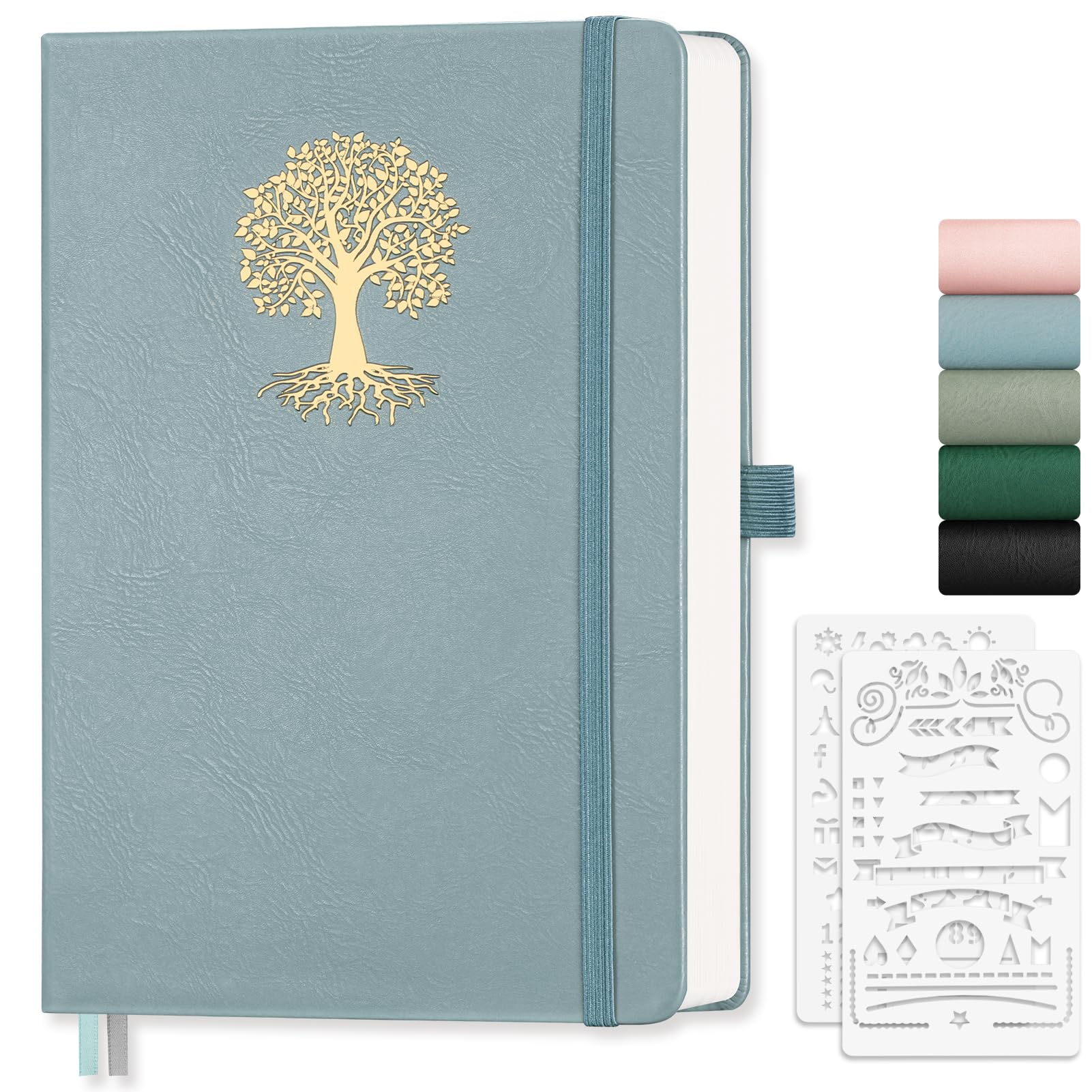 EMSHOI Notebook A5 Lined - 100gsm Hardcover Leather Journal with Sticky Notes, 192 Numbered Pages College Ruled Notebook for Women Men Work School Writing Journaling, 14.5 X 21 cm - Gray Blue