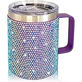XMYAINA 12oz Bling Travel Coffee Mug with Handle and Lid Rhinestone Insulated Coffee Mug Stainless Steel Vacuum Reusable Glitter Coffee Tumbler Thermal Cup for Home and Office (Purple)