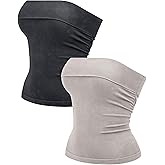 OLCHEE Womens 2PK Tube Tops Off Shoulder Seamless Ribbed Strapless Sleeveless Side Ruched Slim Fitted Summer Going Out Top