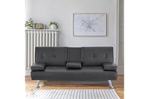 Naomi Home Low Profile Design: Convertible Folding Futon Sofa Bed Sleeper Couch for Living Room Faux Leather Upholstered Futon Sofa with Armrests, Metal Legs, 2 Cup Holders, Black