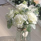 HOHOTIME Artificial Flowers with Vase, White Silk Roses Fake Flower Arrangement with Eucalyptus, Faux Plant Vase for Home Office Dining Table Centerpiece Coffee Table Decor Farmhouse Decoration