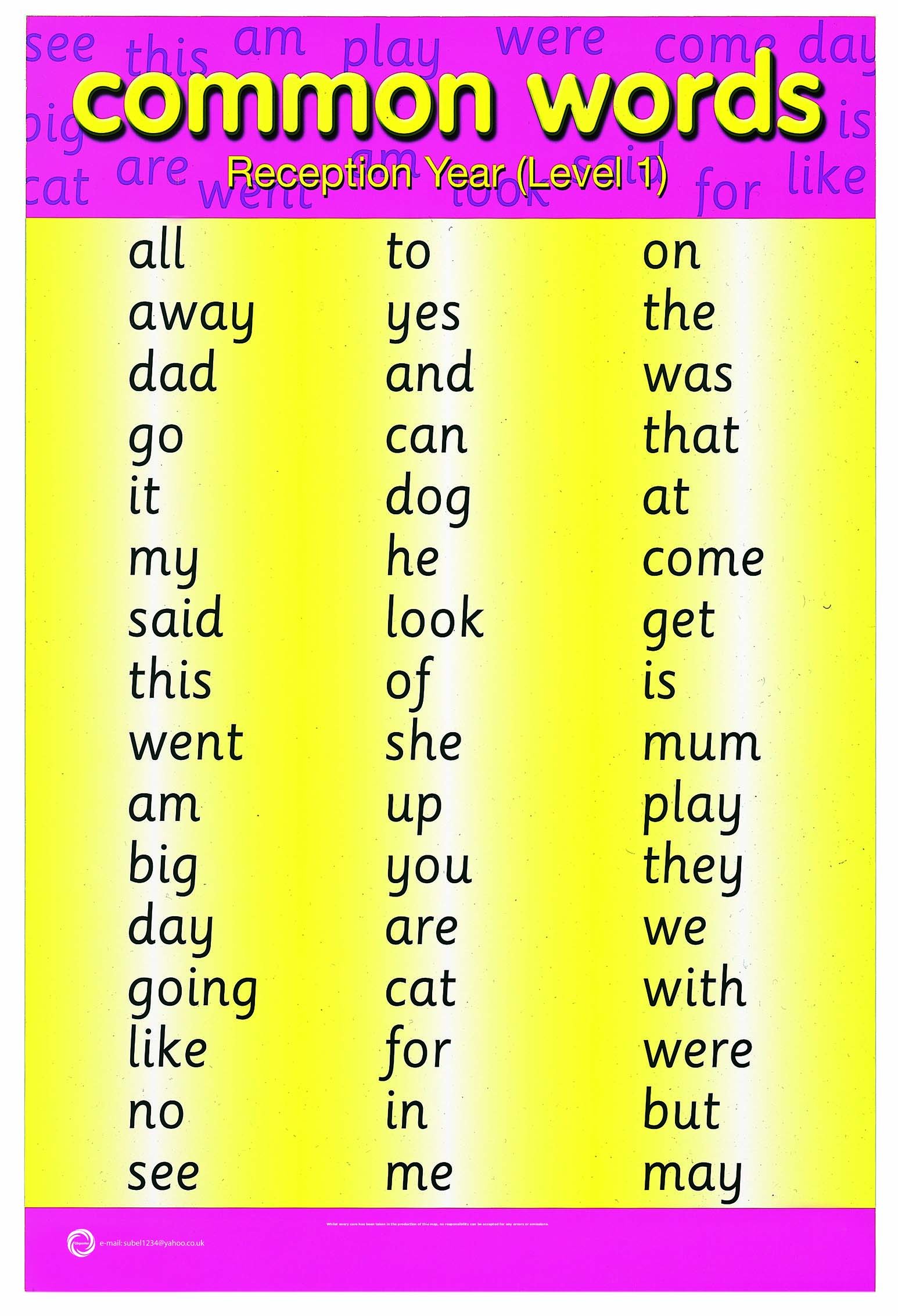Laminated Common Words Level 1 Educational Children's Poster Wall Chart