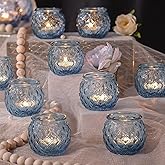 DARJEN 12Pcs Blue Votive Candle Holders - Round Glass Candle Holders Bulk for Tea Light Candle, Diamond Texture Candle Votives for Wedding Centerpiece, Party & Home Decor