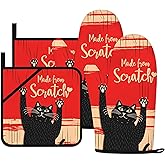 Funny Cat Oven Mitts and Pot Holders Sets Red Black Kitchen Decor Cute Cat Kitchen Accessories Funny Cat Gifts House Warming Birthday Cooking Gifts for Women (Red, Oven Mitts & Pot Holders)