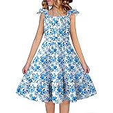 Arshiner Girls Dress Summer Casual Flutter Sleeve Tiered Midi Sundress with Pockets for 5-13 Years