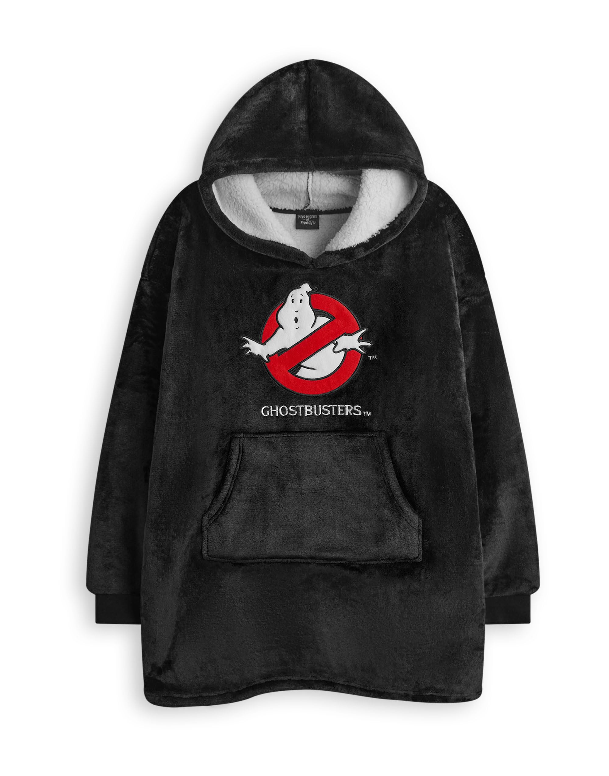 Ghost Busters Kids Wearable Blanket Hoodie | Childrens Hooded Sherpa Fleece Pullover in Black with Ghost Busters Logo | Sherpa Lined Loungewear with Pockets | Classic Spooky Movie Merchandise Gift