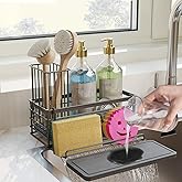 NANAGIFTREE Sponge Holder for Kitchen Sink, Sink Caddy with Instant Drying Mat & Hook, Rustproof Waterproof Stainless Steel Kitchen Organizer, Soap Dispenser Storage (Black, 9.25"x3.7"x5.5")