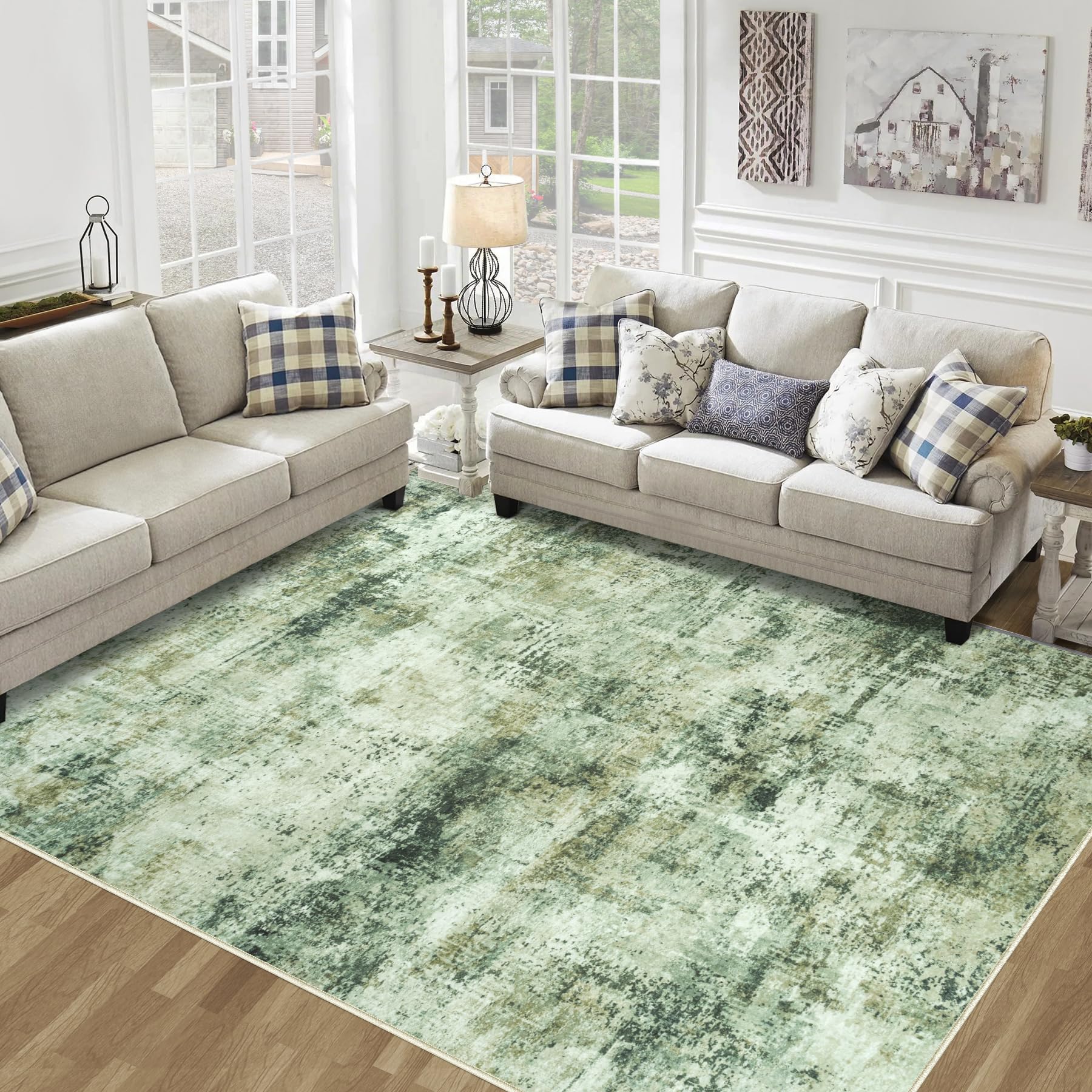 Area Rug Living Room Rugs: 5x7 Washable Rug with Anti-Slip Backing Non-Shedding Stain-Resistant Foldable Modern Abstract Carpet for Bedroom Dining Room Nursery Hallway Home Office Green Brown Image Area Rug Living Room Rugs: 5x7 Washable Rug with Anti-Slip Backing Non-Shedding Stain-Resistant Foldable Modern Abstract Carpet for Bedroom Dining Room Nursery Hallway Home Office Green Brown Image