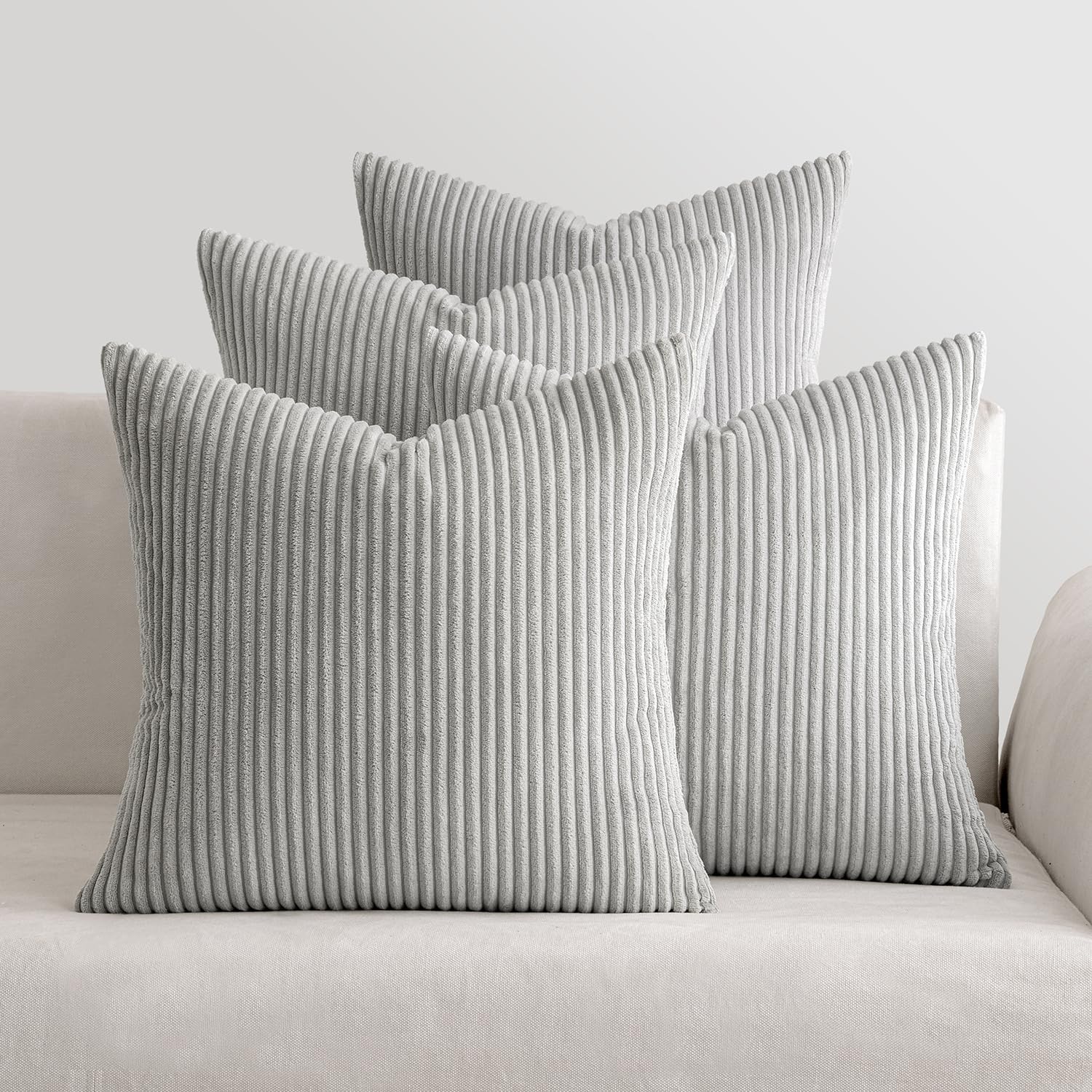 MIULEE Set of 4 Corduroy Cushion Covers Soft Decorative Square Throw Pillow Covers for Spring Cushion Pillowcase Striped Corduroy Cushion Covers Pack of four for Home decor Sofa 18x18inch Light Gray — image 1