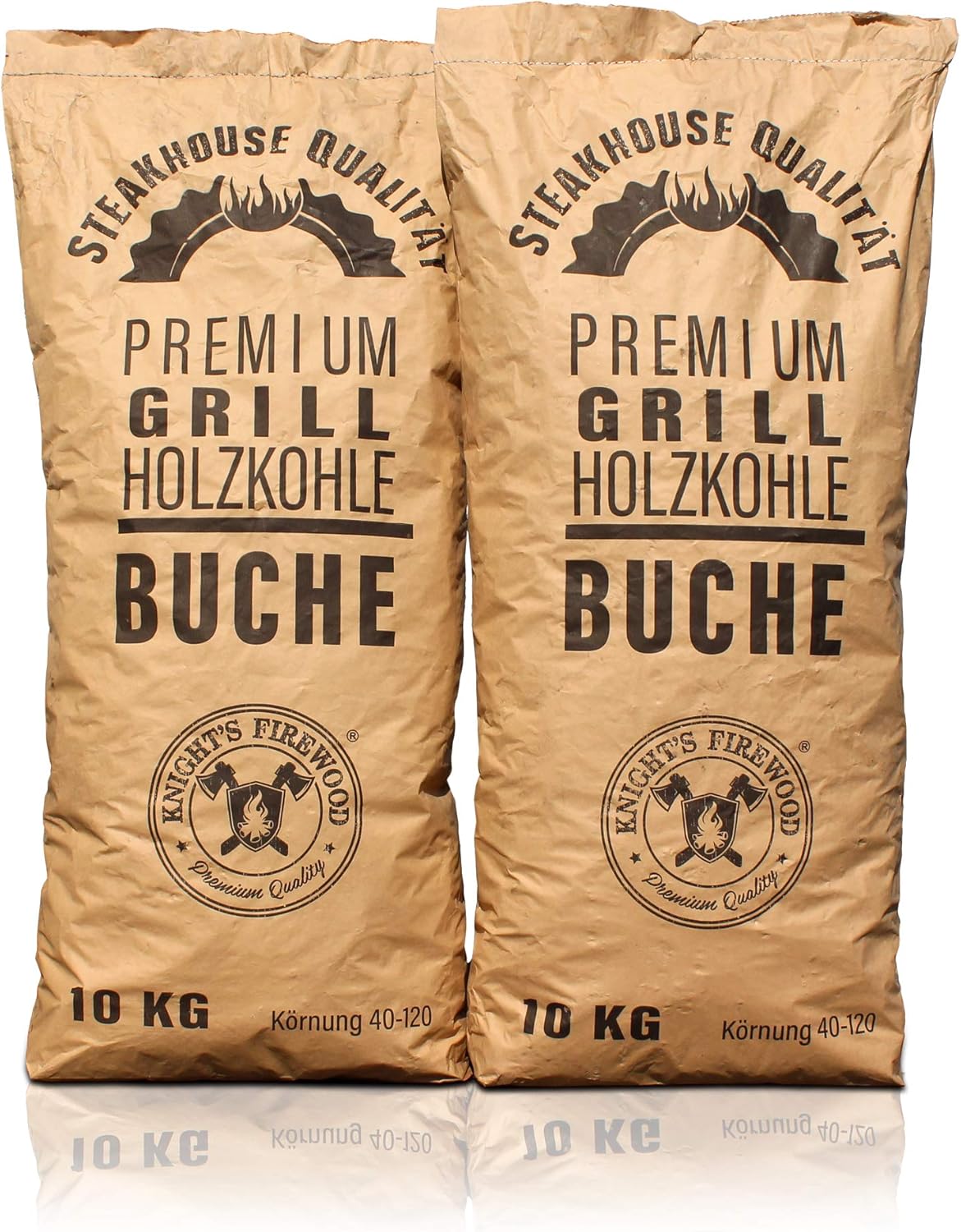 Knight's Firewood 20 kg (2x10kg) Grillkohle Premium Holzkohle Buche Grillholzkohle Buchenholzkohle Steakhauskohle