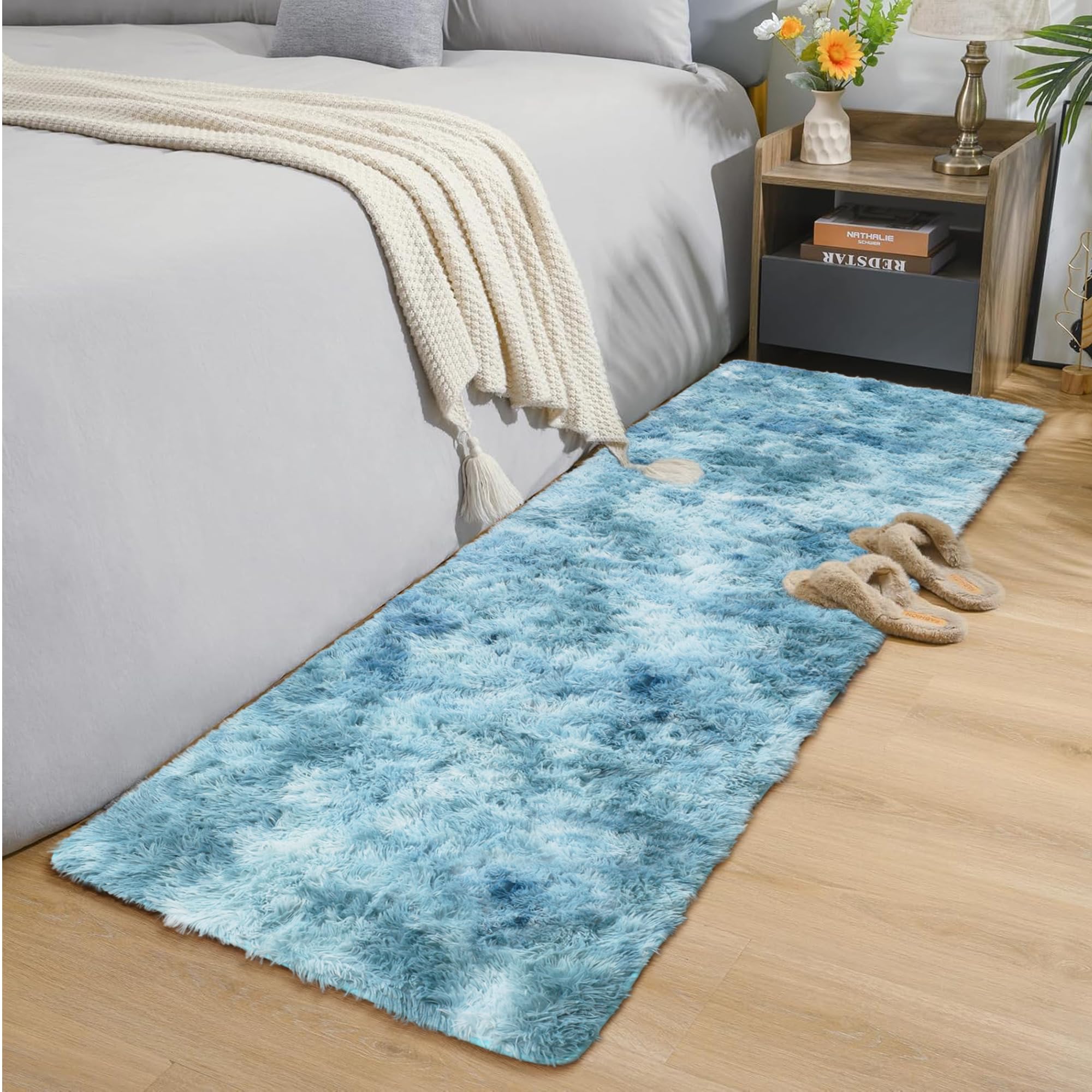 Oxford Homeware Rugs Living Room Hallway Runner 80x300 cm – Tie-Dye Teal Area Rugs for Bedroom Anti Slip – Modern Super Soft Plush Carpets Fluffy Shaggy Rug for Lounge – Non Shedding Bedside Rug