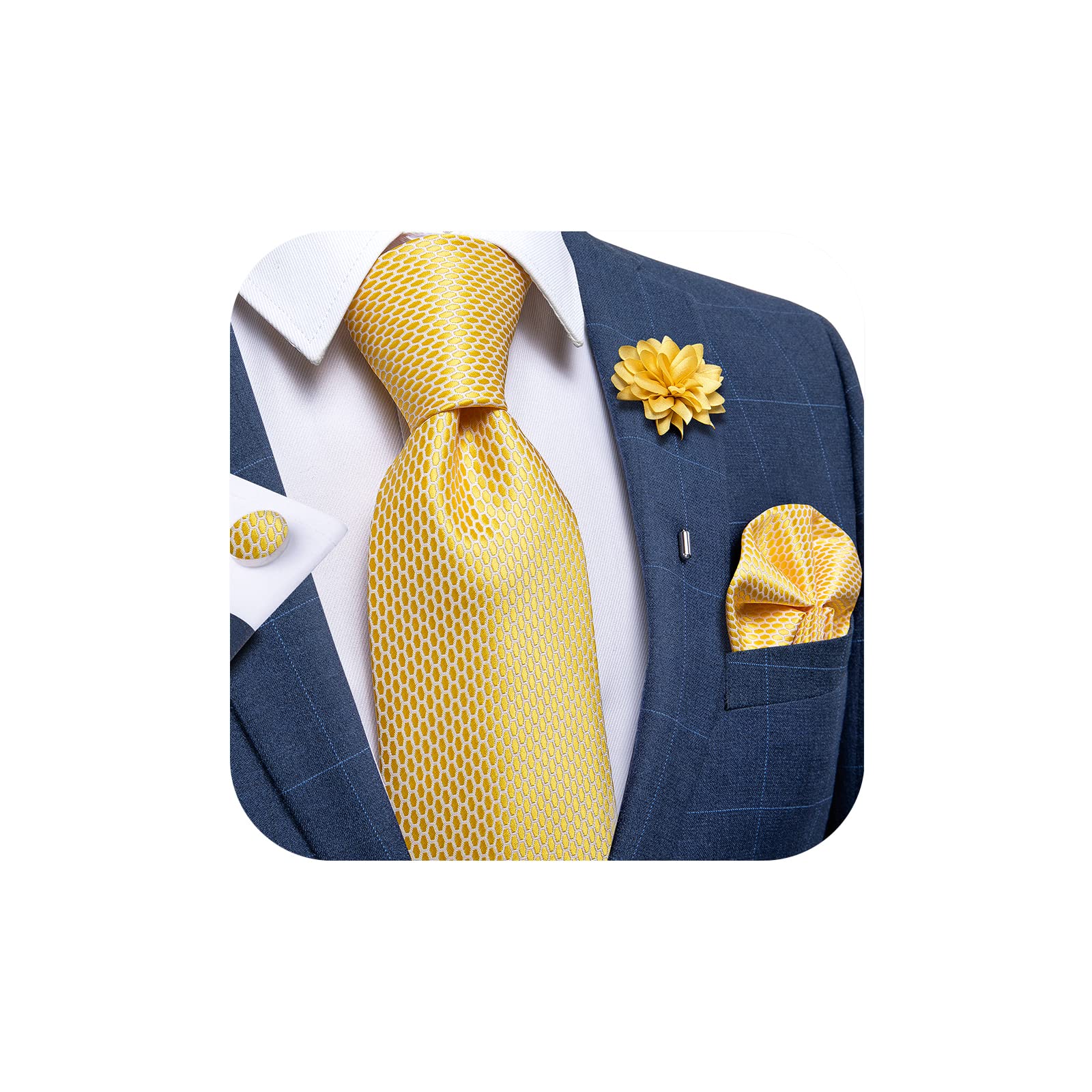 DiBanGu Yellow Silk Tie Men's Woven Tie Pocket Square Lapel Pin Floral Set for Wedding Tuxedo