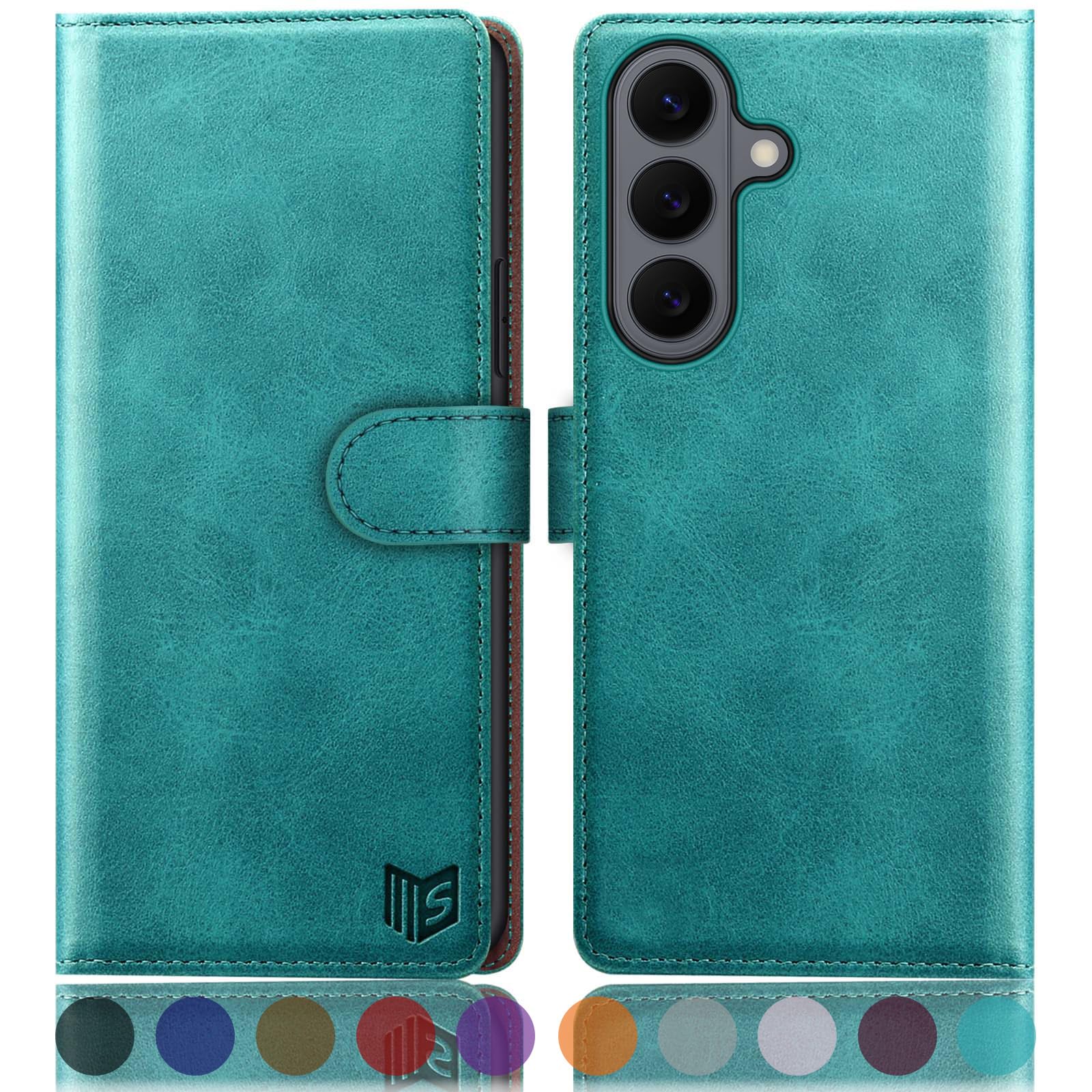 SUANPOT Compatible with Samsung Galaxy S26 Wallet case with RFID Blocking Credit Card Holder,Flip Book PU Leather Protective Cover Women Men for Samsung S26 Phone case Blue Green