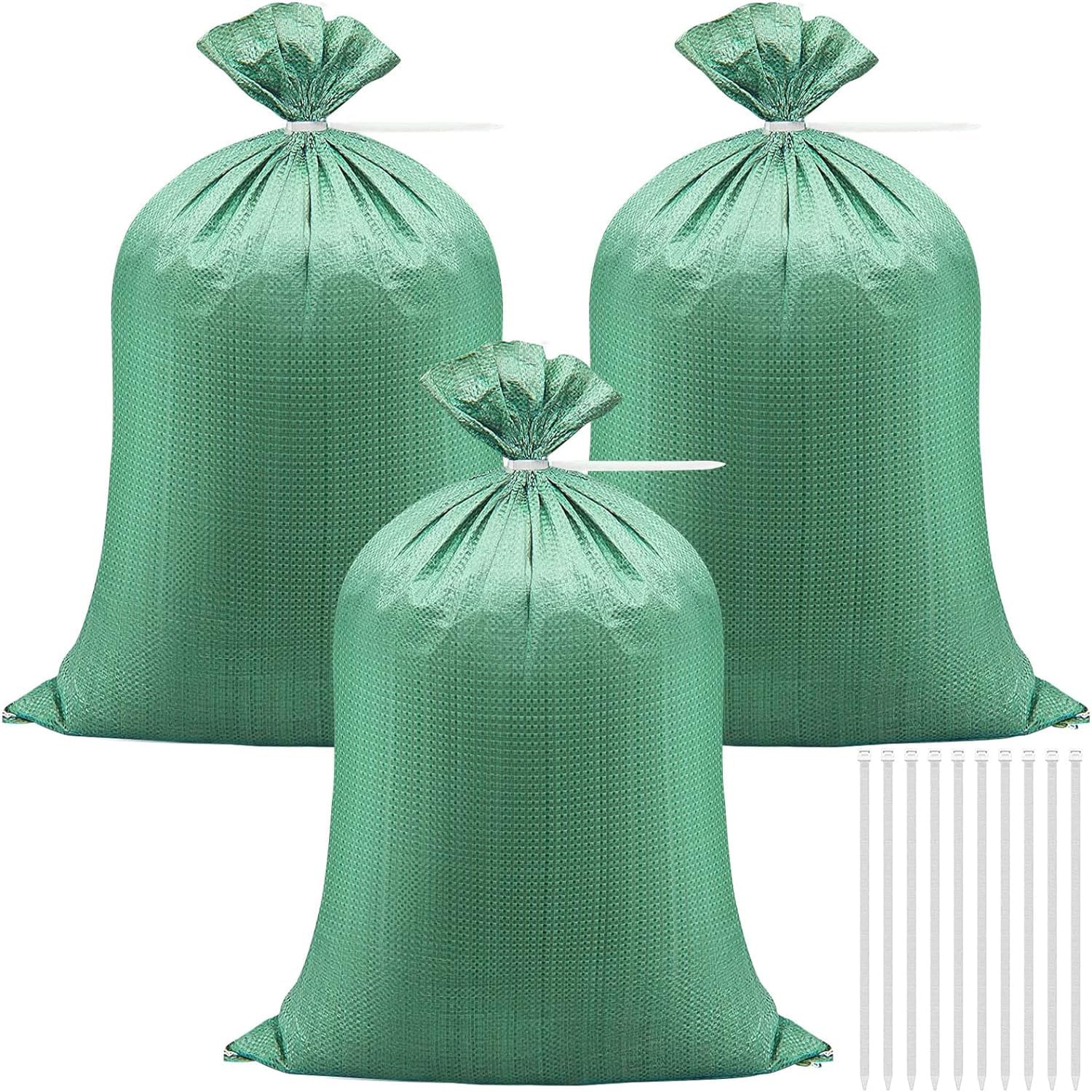 20 Pcs Heavy Duty Sand Bag, 50 x 80cm Woven Rubble Sacks Builders Bags Waste Bags with Ties, Gravel Bags for Garden Rubbish Flood Protection Waste Storage Industrial Sack Construction Bags (Green)