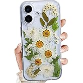 YUCHii for iPhone 16 Clear Case,Aesthetic Floral Phone Case with Pressed Real Flowers Design,Glitter Cute Floral Pattern Women's Phone Case Slim Soft TPU Protective Girl's Phone Cover for iPhone 16
