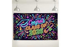 Graduation Celebration Backdrop, Colorful Neon Class of 2026 Decor, Fun Party Supplies for Indoor/Outdoor Events, Festive Gra