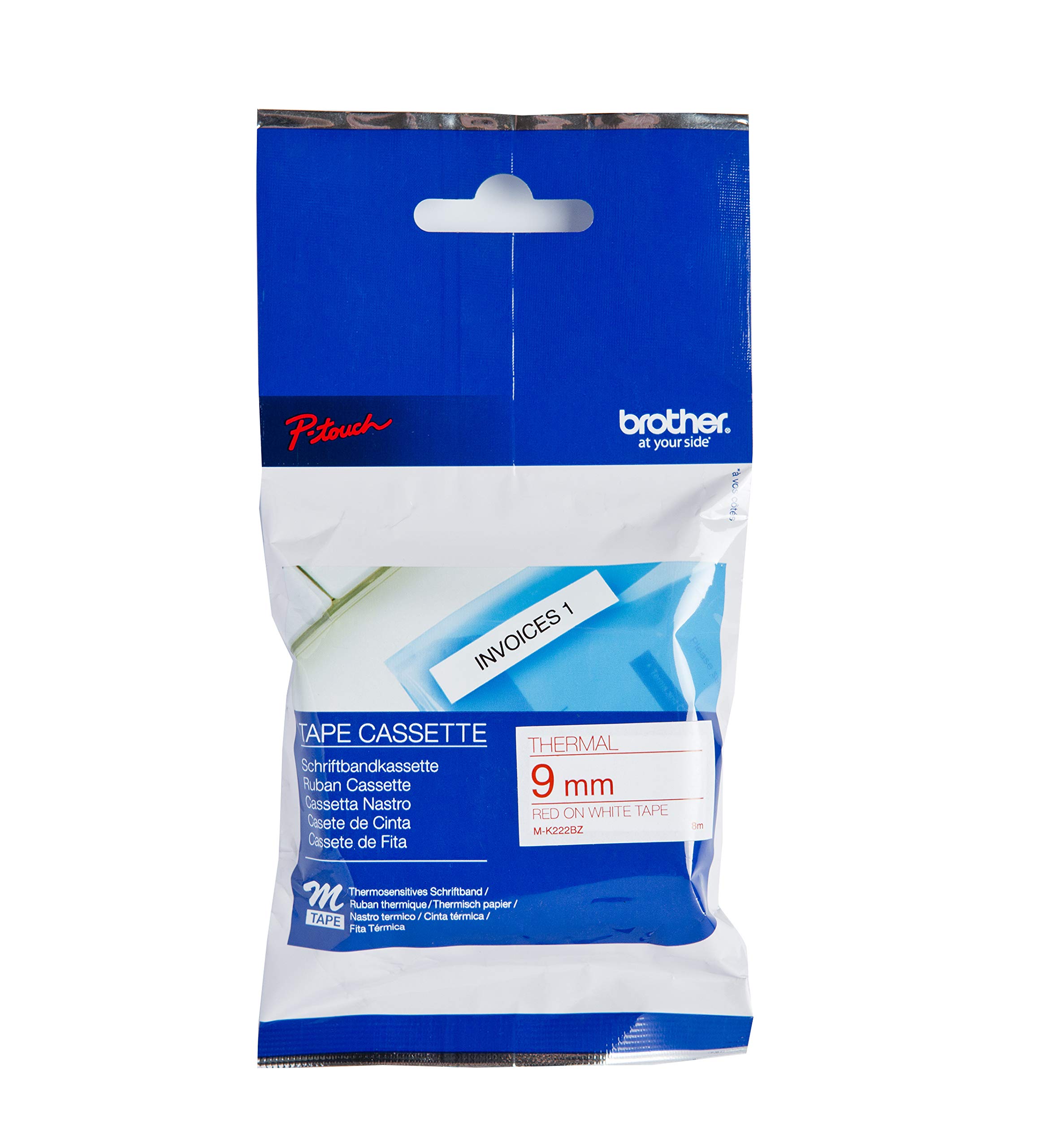 Brother M-K222BZ Labelling Tape Cassette, Red on White, 9 mm (W) x 8 m (L), Brother Genuine Supplies