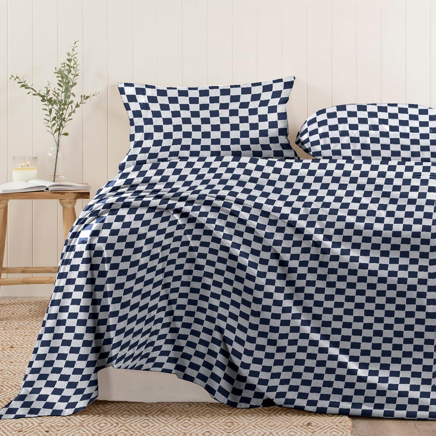 Pizuna Cotton Smart Checks Navy Print King Size Flat Sheets 1 Pc, 400 Thread Count 100% Long Staple Cotton Flat Sheet King Size 275x280, Sateen Printed Bedding Set (Printed King Size Bed Sheet) โ image 1