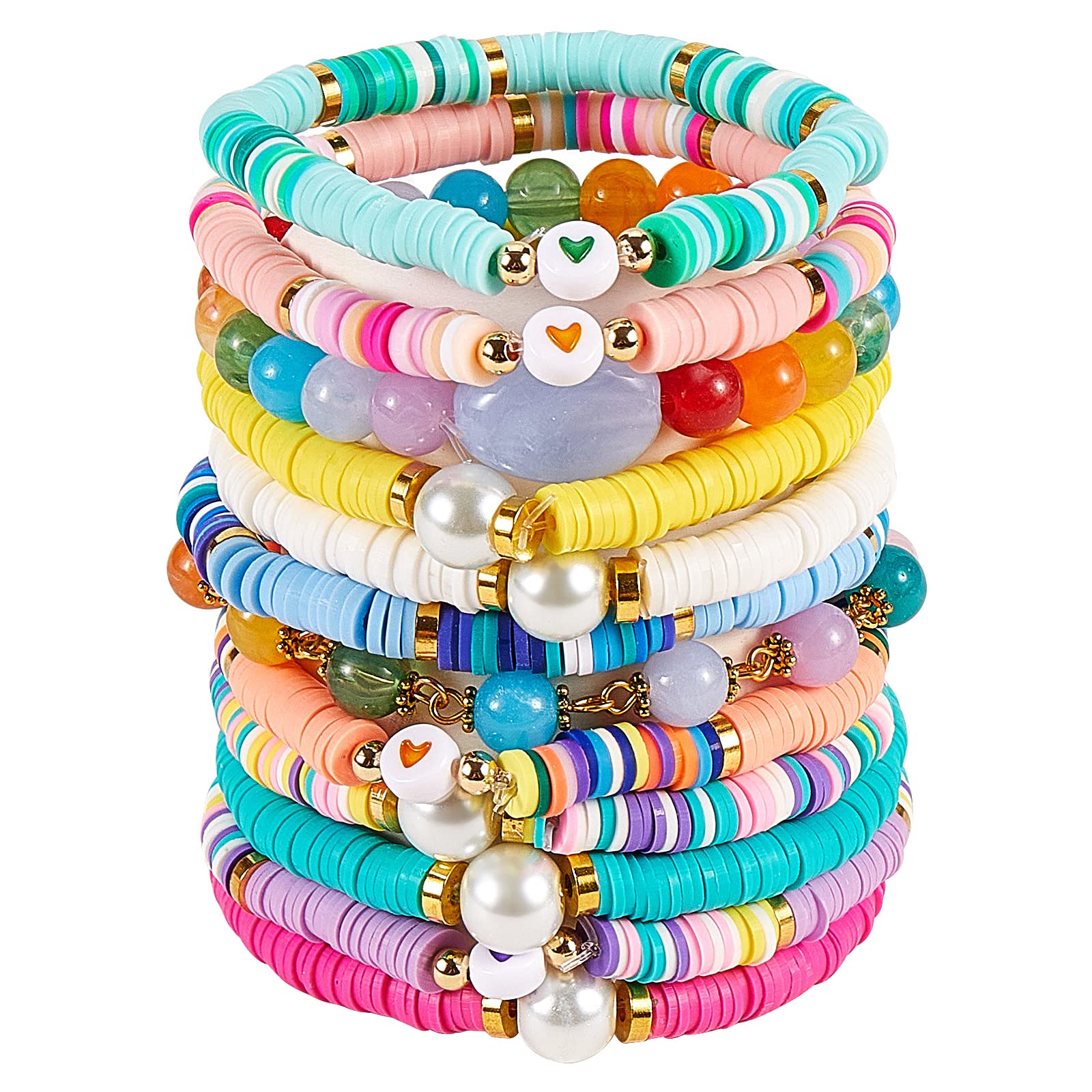 BEEFLYING 12pcs Heishi Surfer Bracelets Flat Clay Beads Stretch Bohemian Bangle Bracelet for Women