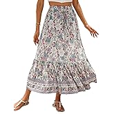 Women's Flowy Floral Maxi Skirt Elastic Waist Flared Bohemian Long Beach Skirt