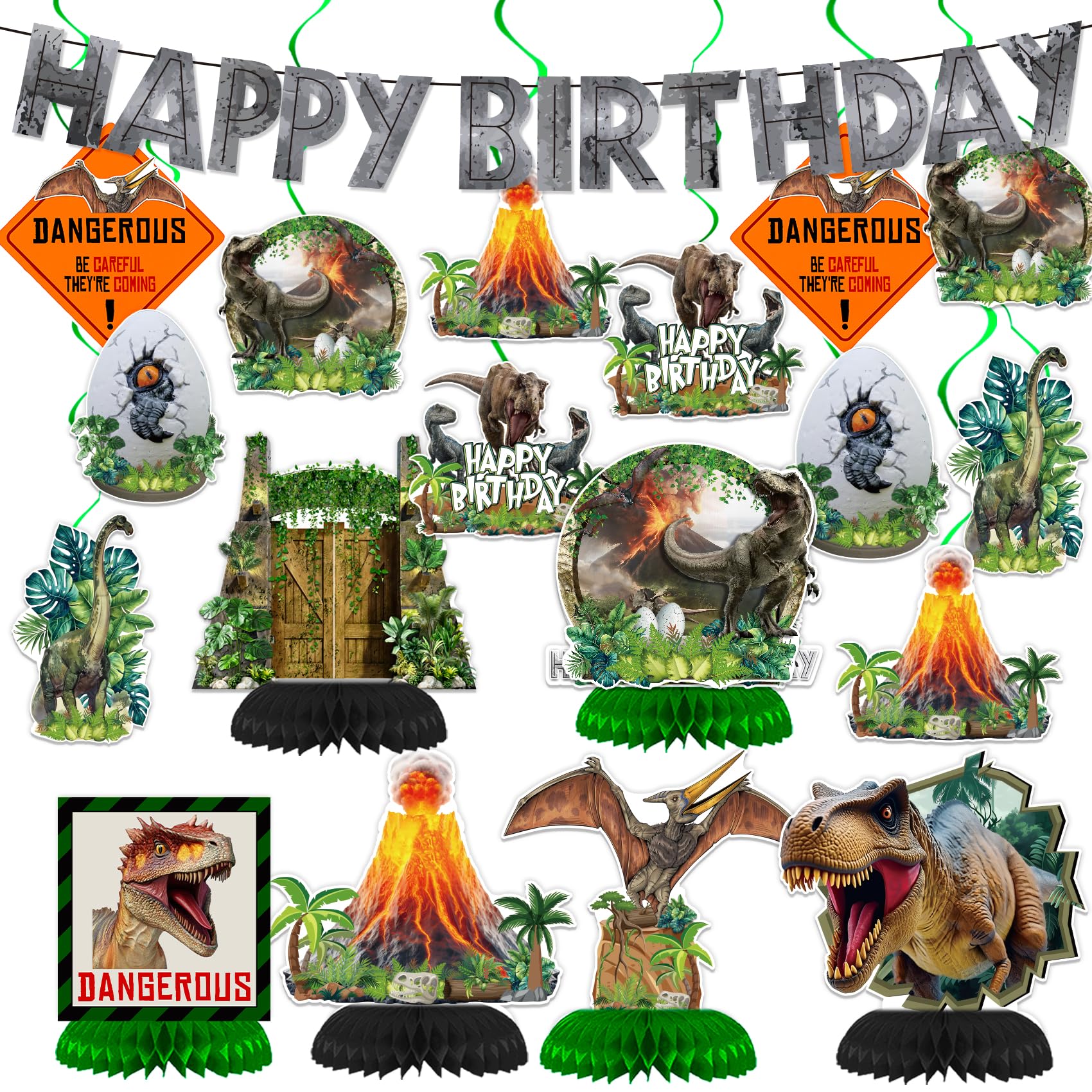 Photo 1 of Dinosaur Birthday Decorations Set - 19PCS with Hanging Swirls, 3D Honeycomb Centerpieces & "Happy Birthday" Banner for Kids Party, Classroom, Dinosaur Theme Events