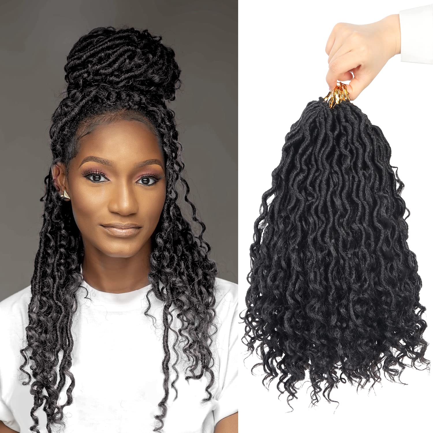 Beyond Beauty New Goddess Locs Crochet Hair 14 Inch 7 packs Pre Looped Curly Goddess Faux Locs Crochet Hair For Black Women Curly In Middle And Ends Synthetic Braiding Hair Extension(1B)