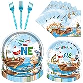 Rakuto Ofishally One Birthday Party Decorations, 96Pcs O Fishally One First Bday Paper Plates and Napkins Tableware Decoration Gone Fishing 1st Forks Decor Fish Themed 1 Years Old Supplies, Serve 24