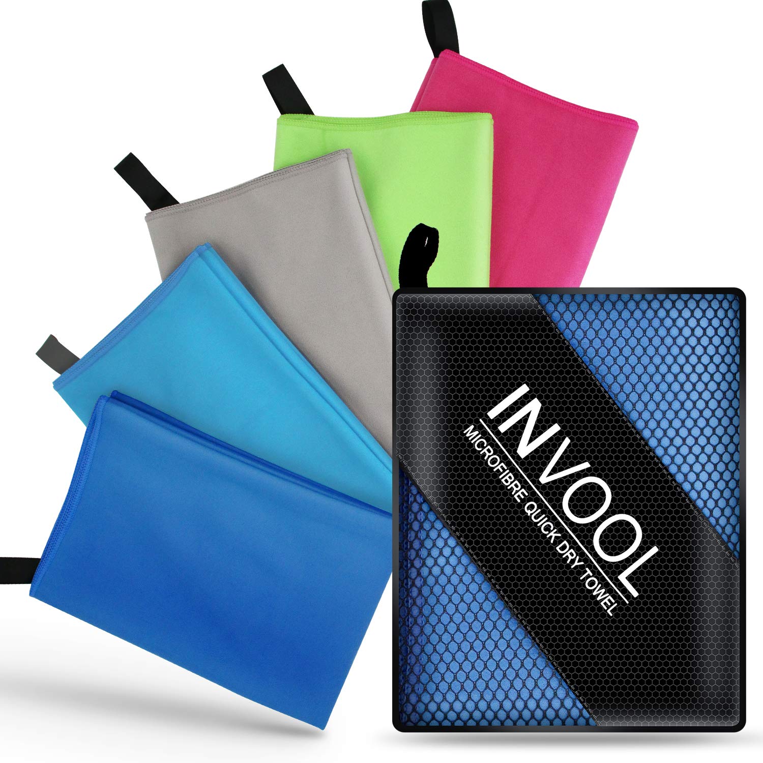 Invool Microfiber Towel, 5 colours with carry bag - Quick Dry Towel for Travel, Camping, Fitness, Beach, Vacation, Fast Drying and Absorbent