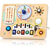 JoyCat Busy Board with Led Light, Toddler Toys for 1 2 3 4 Year Old Boys and Girls, Wooden Sensory Toys with Music, Travel Toy for Toddlers 1-3, Birthday Presents (Yellow)