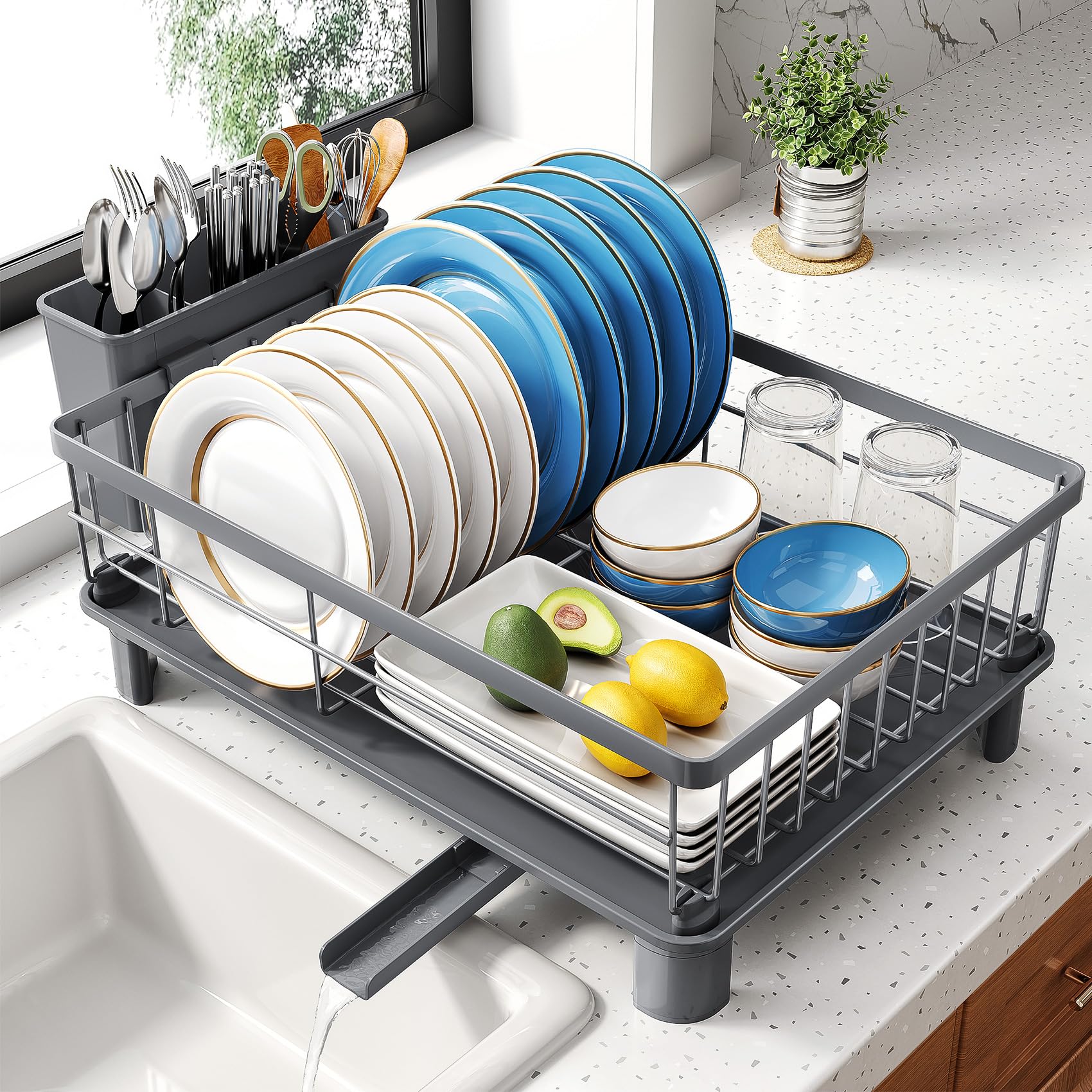 Photo 1 of Dish Drying Rack - Small Dish Rack for Kitchen Counter, Stainless Steel Dish Drainer with Utensil Holder and Drainboard (Grey)