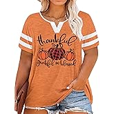Plus Size Thanksgiving Shirts Women Thankful Grateful Blessed Shirt Leopard Pumpkin Print Casual Fall Tops