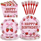 Greencian 96 Pcs Pink Strawberry Birthday Party Decorations Scalloped Sweet Bow Berry Plate and Napkin Disposable Fruit Berry Tableware Set for Birthday Baby Shower Girls Party Supplies Serve 24