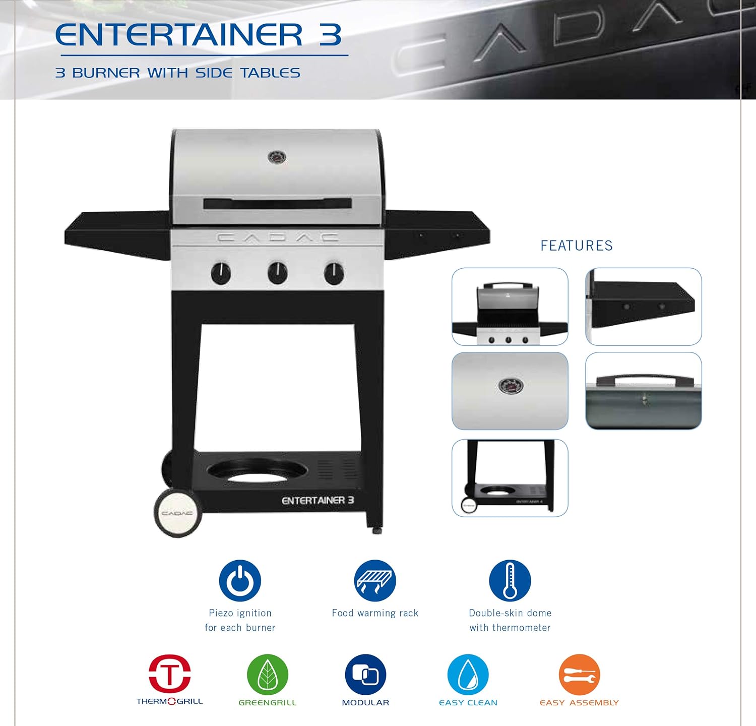 review Cadac 98250-31G01-US Entertainer 3 Propane Gas BBQ Grill with 3 Burners, Stainless Steel