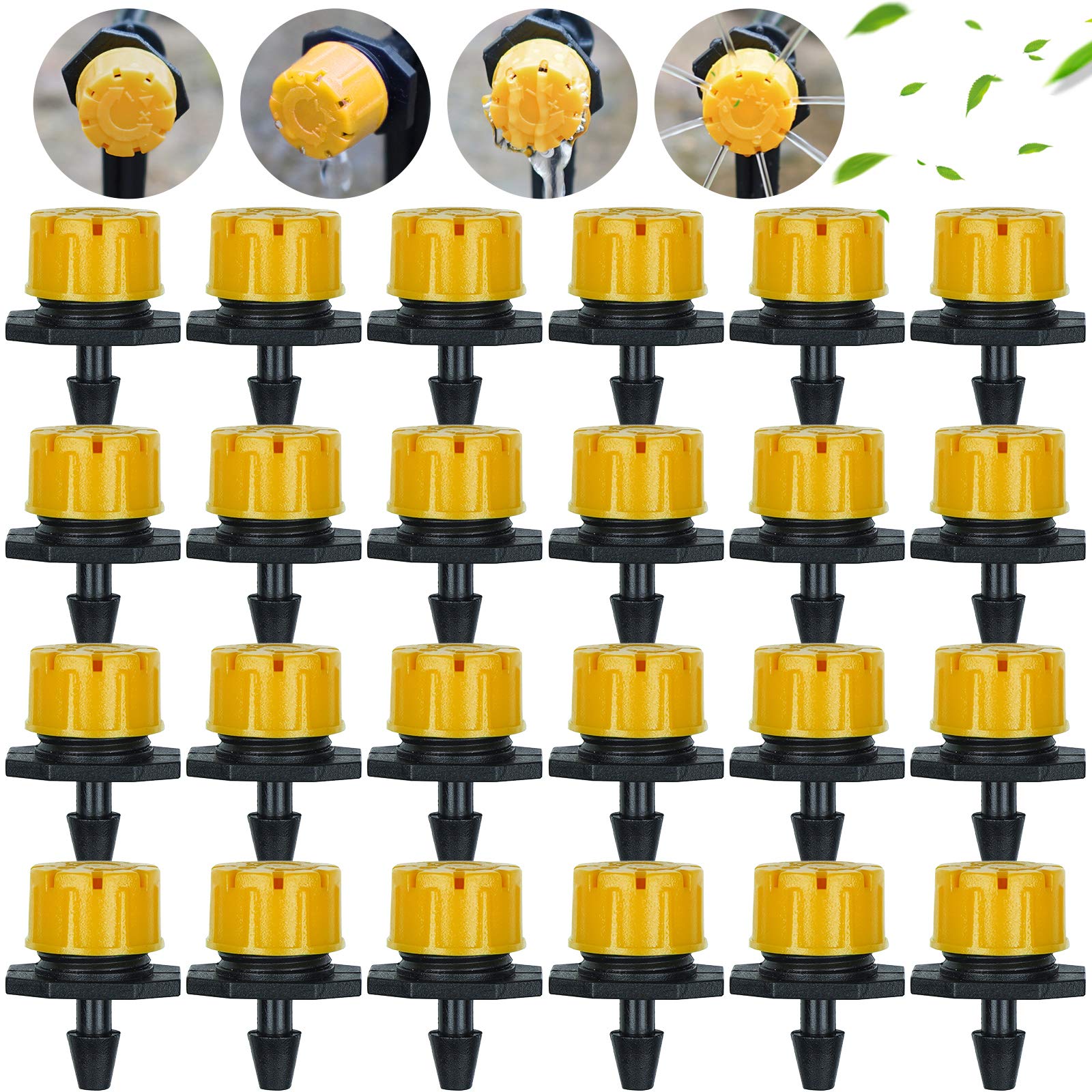 Kalolary 100Pcs 1/4Inch Irrigation Drippers Sprinklers, Adjustable Emitter Drippers Micro Drip Irrigation System Watering Sprinklers Anti-clogging Emitter Dripper Garden Supplies (Yellow)
