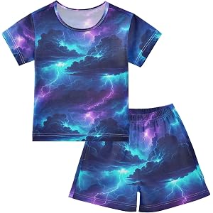 CUPADA Pajama Short Sets Cotton Short Sleeve Set Electric Storm Clouds Lightning Sleepwear with Pockets PJS Loungewear 5-14T