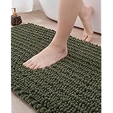 DEXI Bathroom Rug 16x24, Super Soft Thick Chenille Absorbent Bath Mat, Non Slip Machine Washable Fluffy Shag Bathmat for Tub, Shower Floor, Olive Green