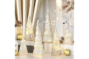 LOYIM 6 Pcs Mercury Glass Christmas Tree Silver Plate Glass Figurines with LED Fairy Lights 11 in Tall Silver Finish Light up Christmas Tree Ornaments Holiday Table Centerpiece Tabletop(Stylish)