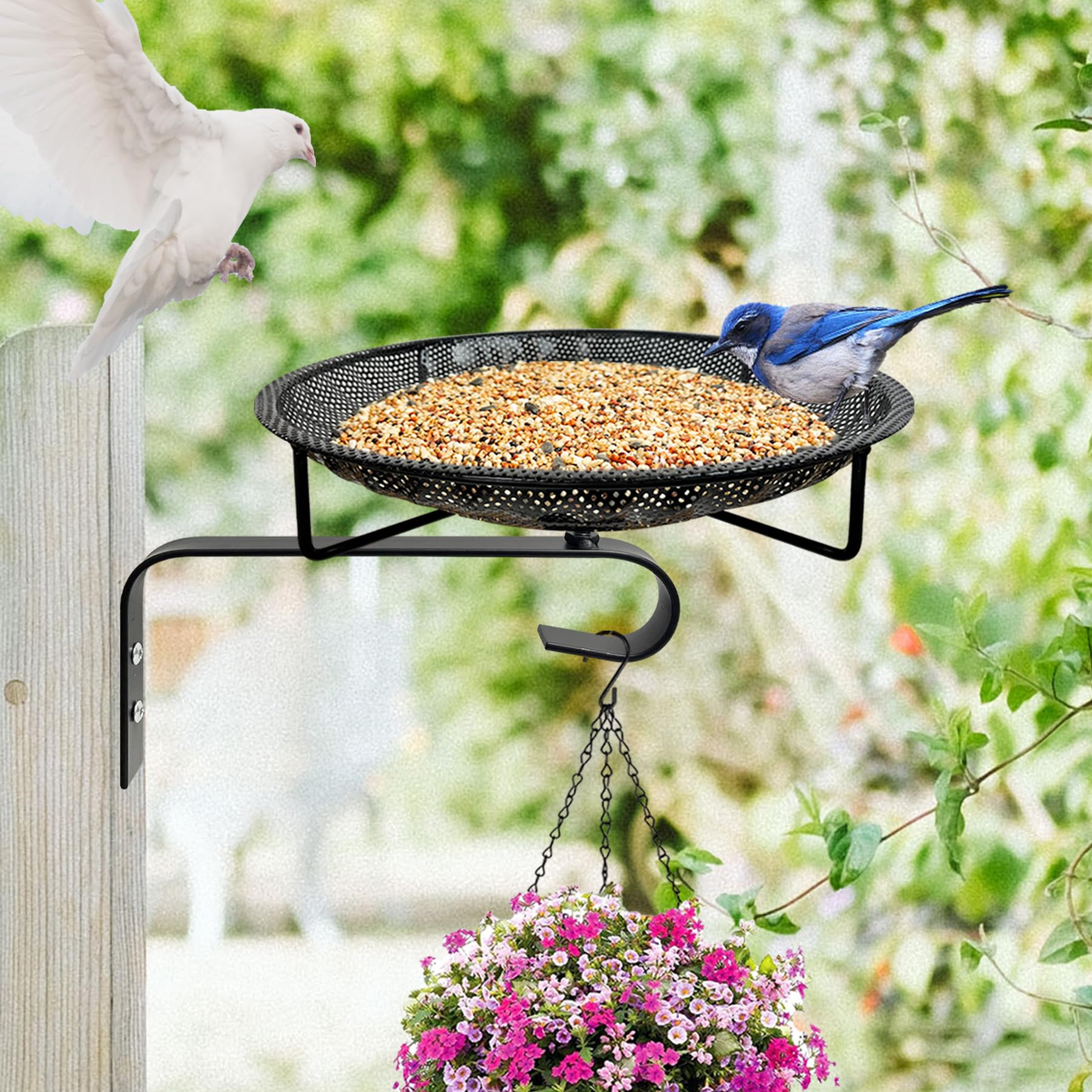CQAIRIOU Wall Mounted Bird Feeder Tray, 11.8" Stainless Steel Large Fence Tree Mount for Outside Wild Birds, Table Mountable Platform Mesh Seed Tray With Hanging Hook