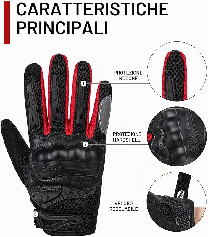 IRON JIA’S Guanti Moto Uomo Estivi Touch screen Leggero Impermeabile Traspirante Confortevole,Protezione a Guscio Duro Attrezzatura da Moto Resistente all'usura Motociclismo e alpinismo Rosso-M