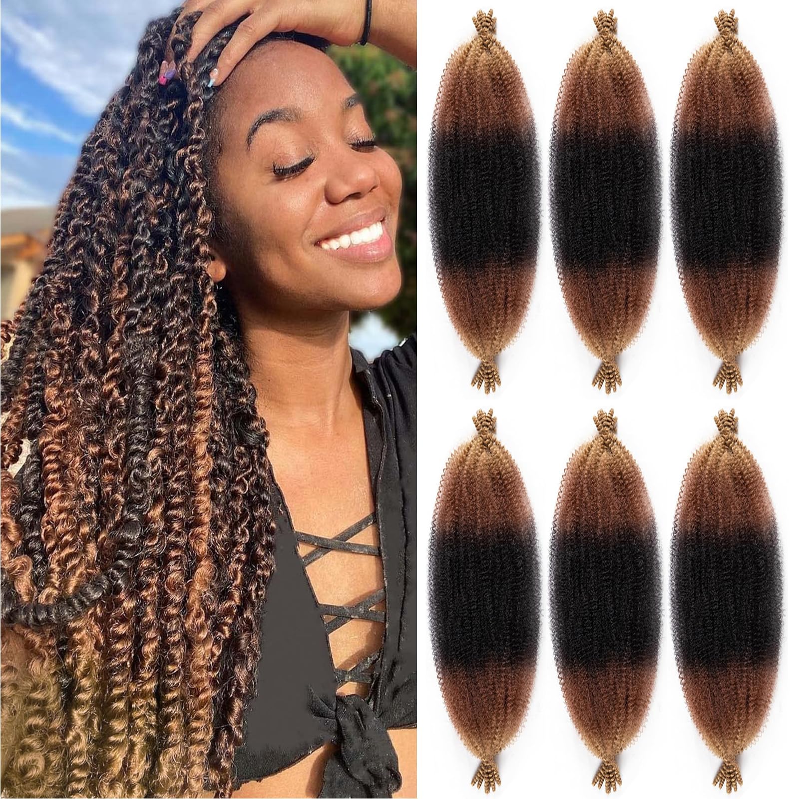 BLTYXT Springy Afro Twist Hair Soft Pre Separated Synthetic Marley Twist Hair Braiding for Locs Crochet Hair Extensions (24 Inch(Pack of 6), T1B-30-27) — image 1